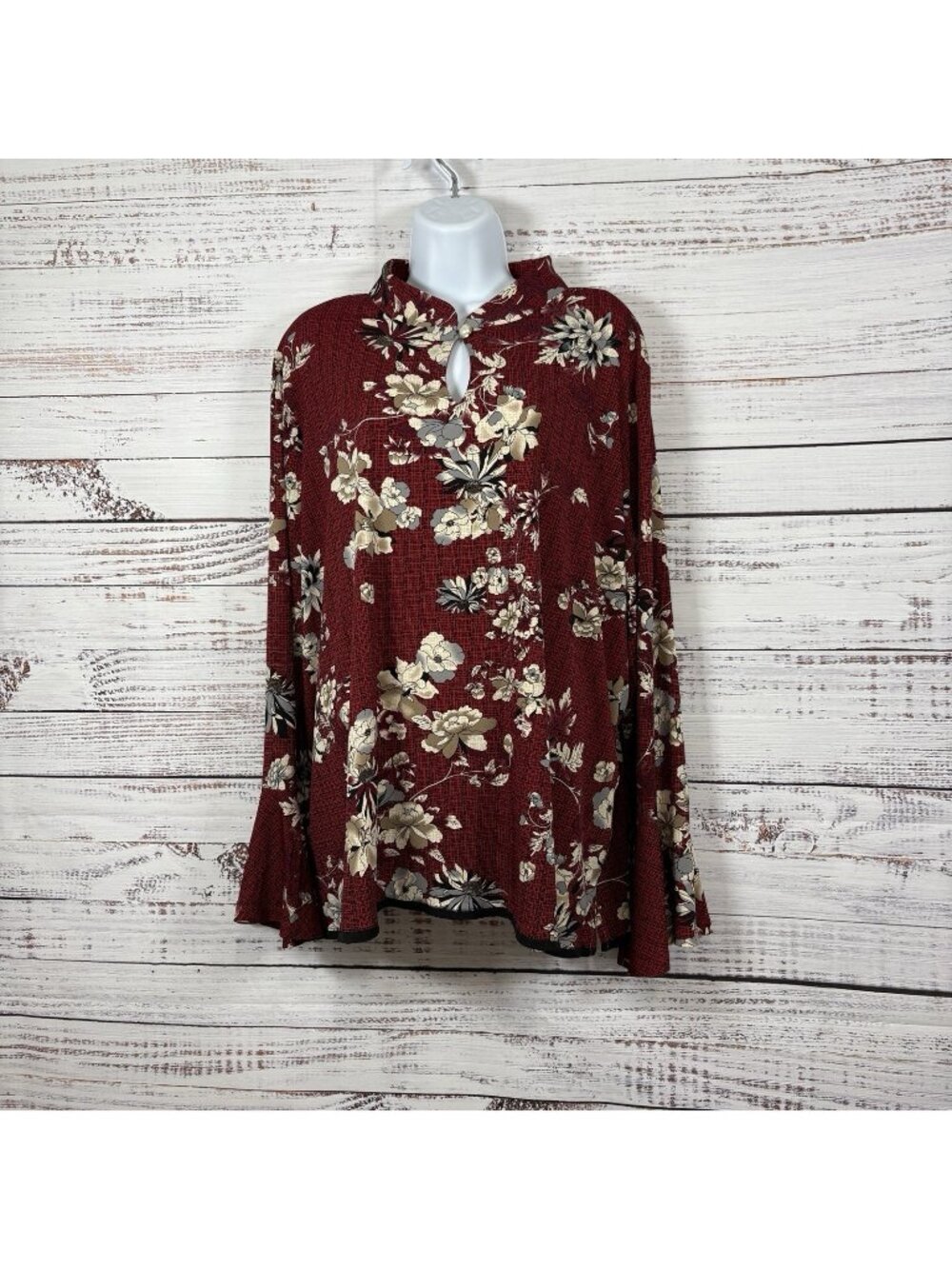 Susan Graver Red Floral Keyhole Neck Belle Sleeve Blouse